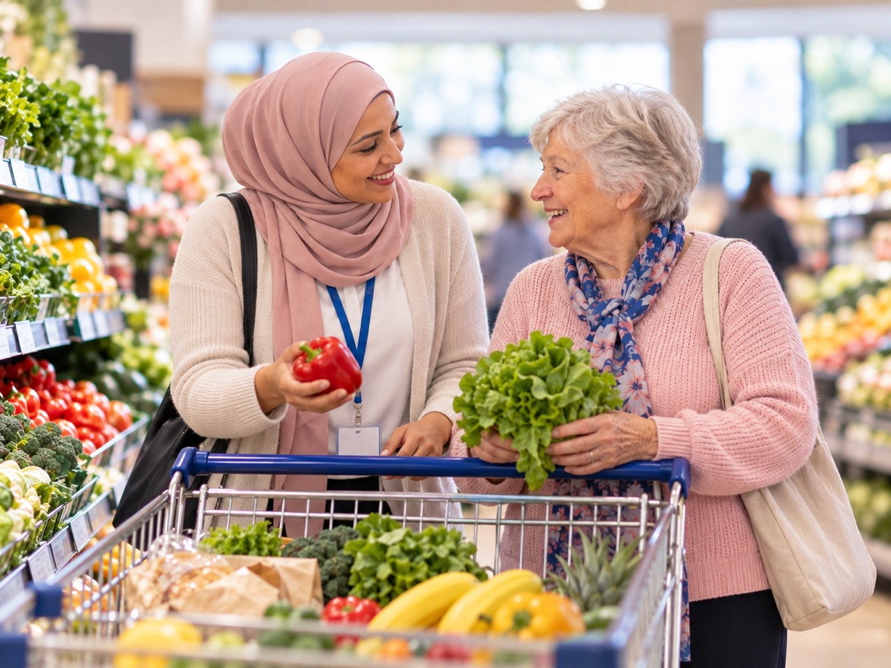 A woman accompanying an older woman on a grocery shopping trip