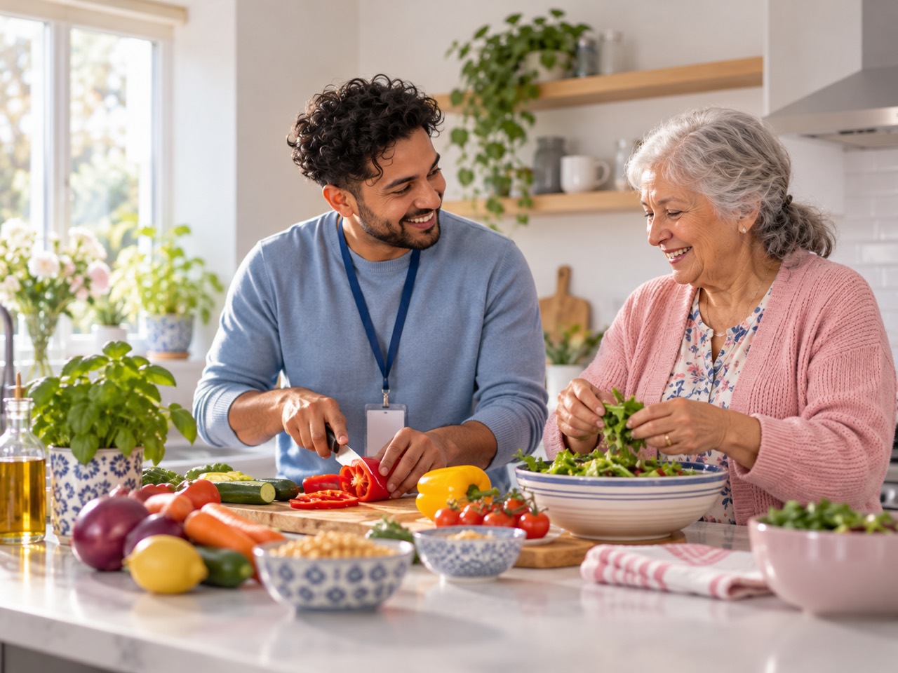 A man and an older woman preparing vegetables together at home