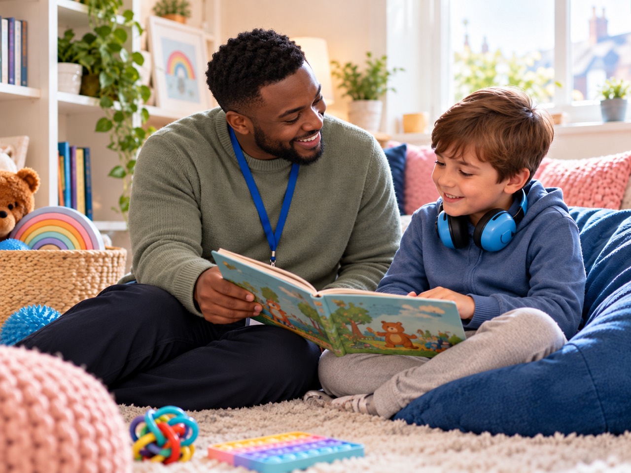An adult and a child reading a book together, with headphones resting around the child’s neck