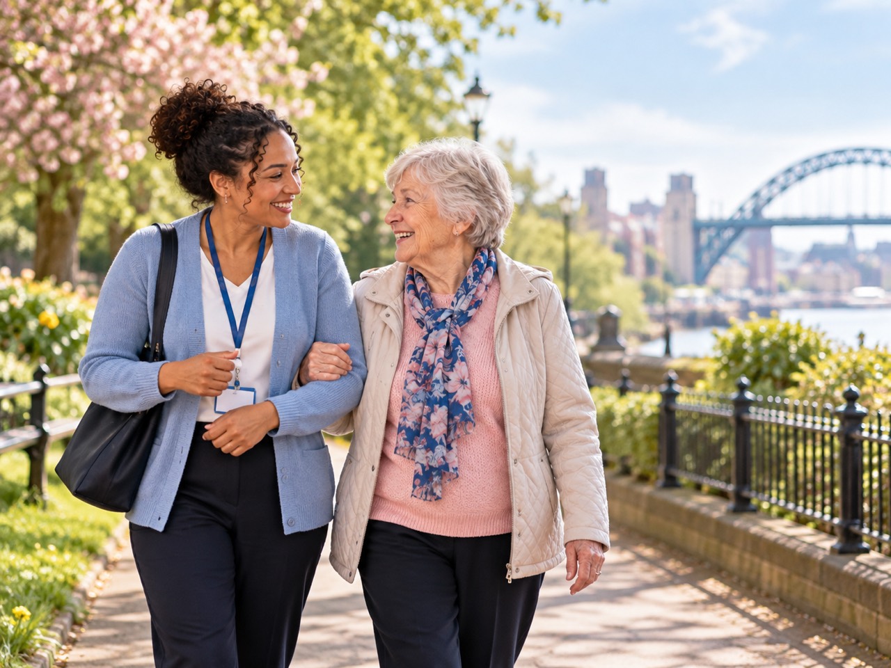 A woman accompanying an older woman on a walk outdoors
