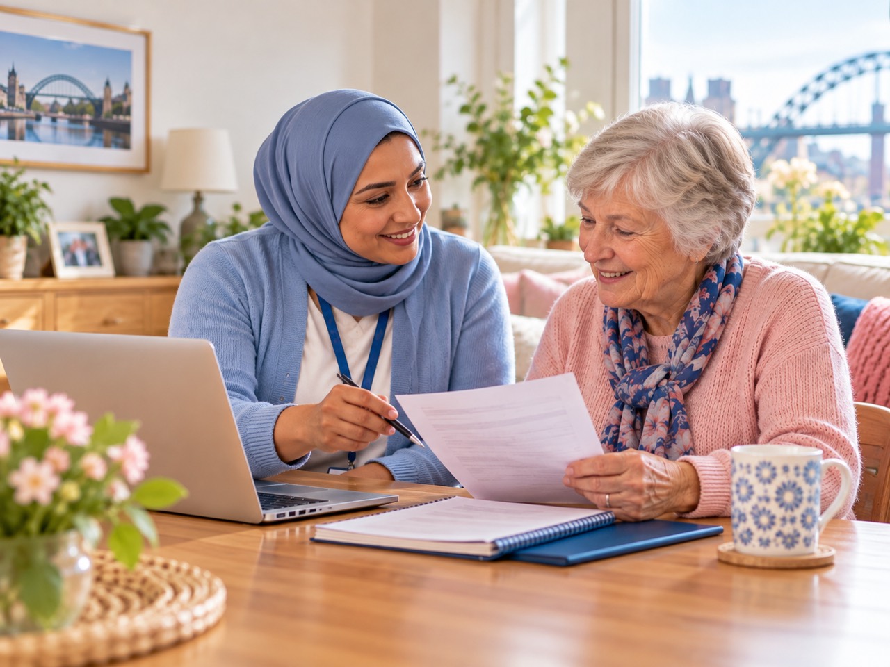 A woman helping an older woman with paperwork at home